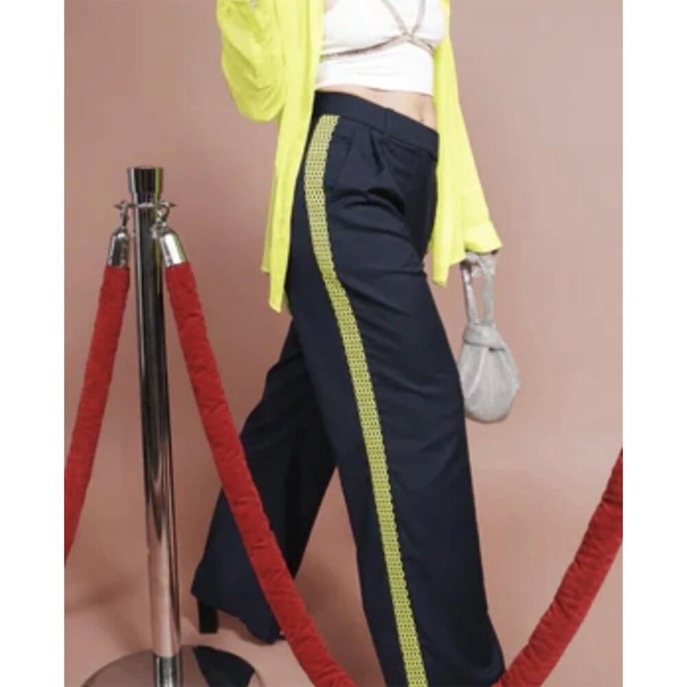 Wildfang Empower Pants Navy Wide-Leg High Rise Pleated Neon Stripe